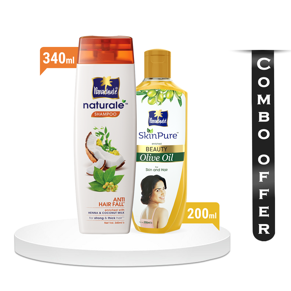 Super Combo of Parachute Naturale Shampoo Anti Hair Fall - 340ml And Parachute Skin Pure Beauty Olive Oil - 200ml