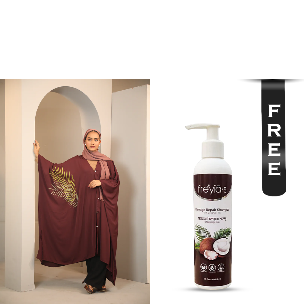 Buy Hiba Cherry Georgette Abaya for Women - 0224 000254 - Deep Maroon and Get Freyias Damage Repair Shampoo with Coconut Milk - 220ml Free