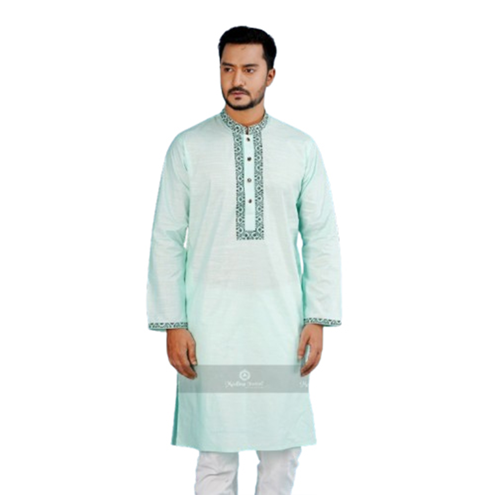 Cotton Embroidery Semi Long Panjabi For Men - Light Blue - PM-37