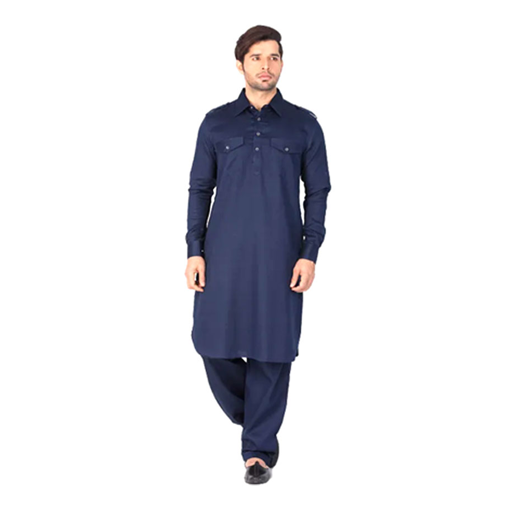 Linen Cotton Kabli Set For Men - Navy Blue