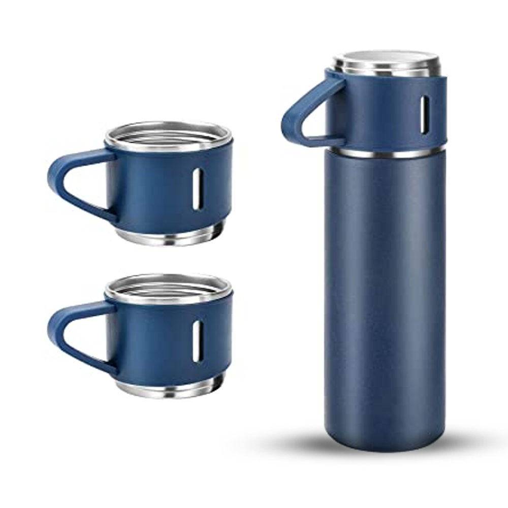 Stainless Steel Thermo Vacuum Insulated Bottle With Cup Water Flask - 500 ML- Dark Blue 
