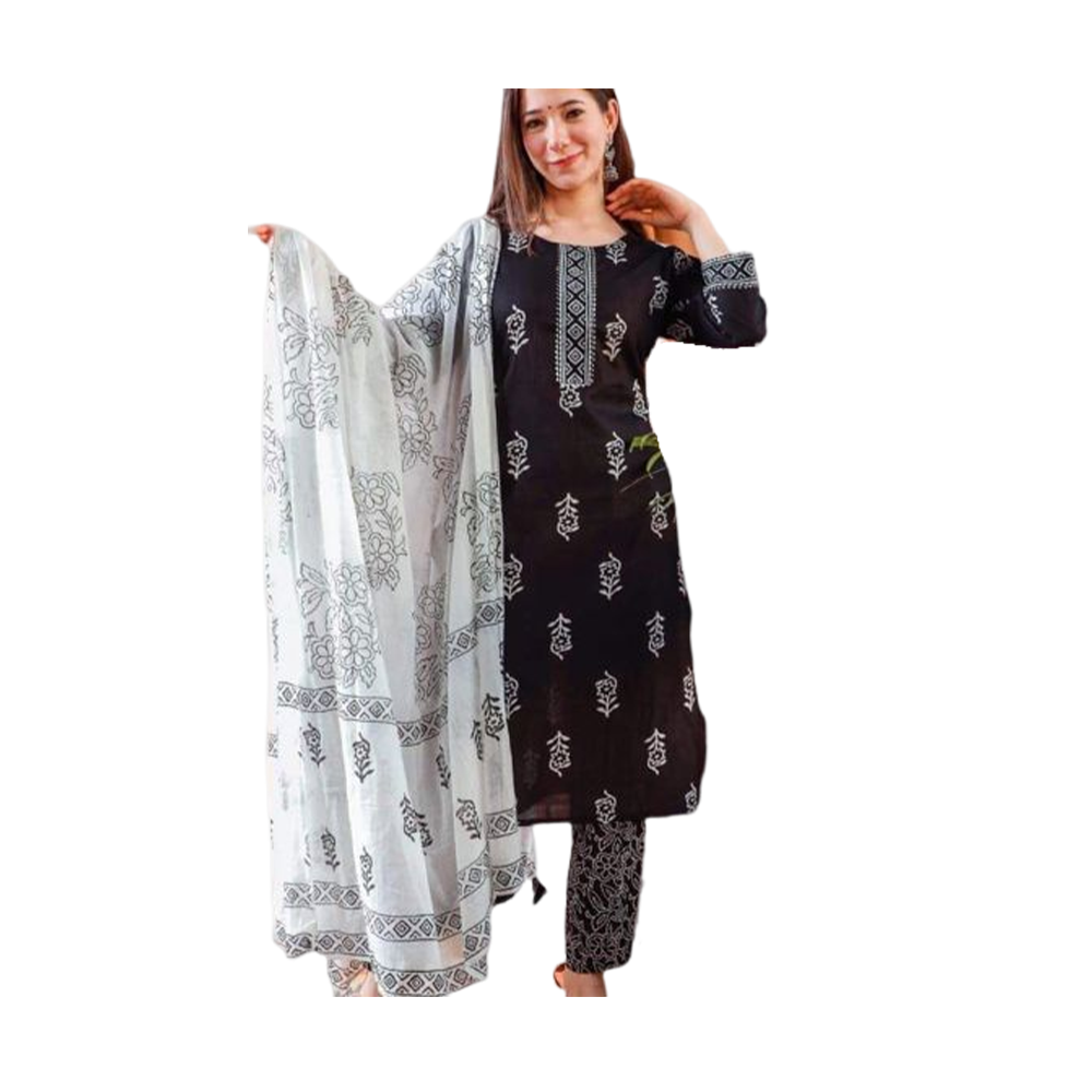 Unstitched Cotton Block Print Salwar kameez For Women - Black - 3P-15