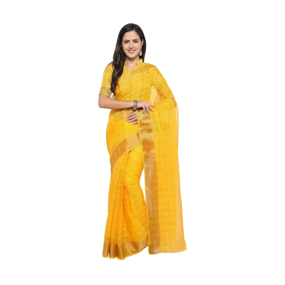 Half Silk Cotton Saree For Women - Yellow - A01