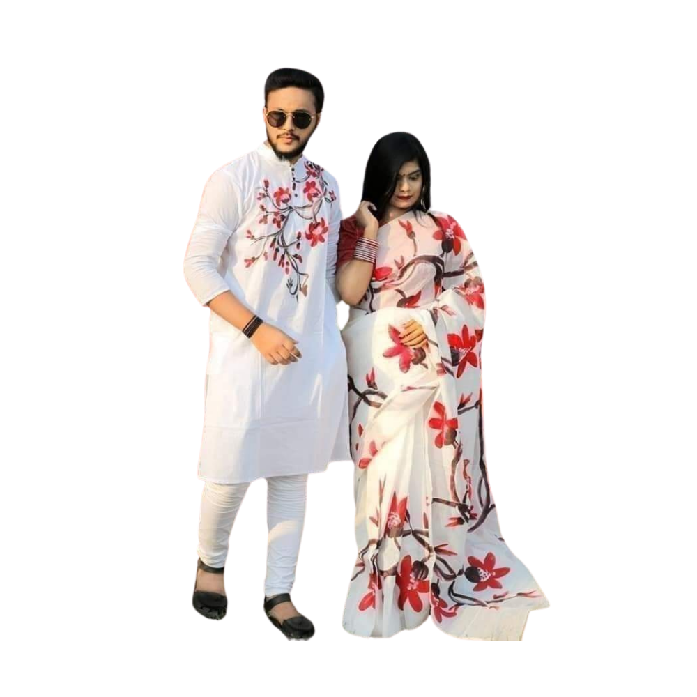 Cotton Silk Saree and Dhupian Cotton Panjabi Couple Dress - White - SC49