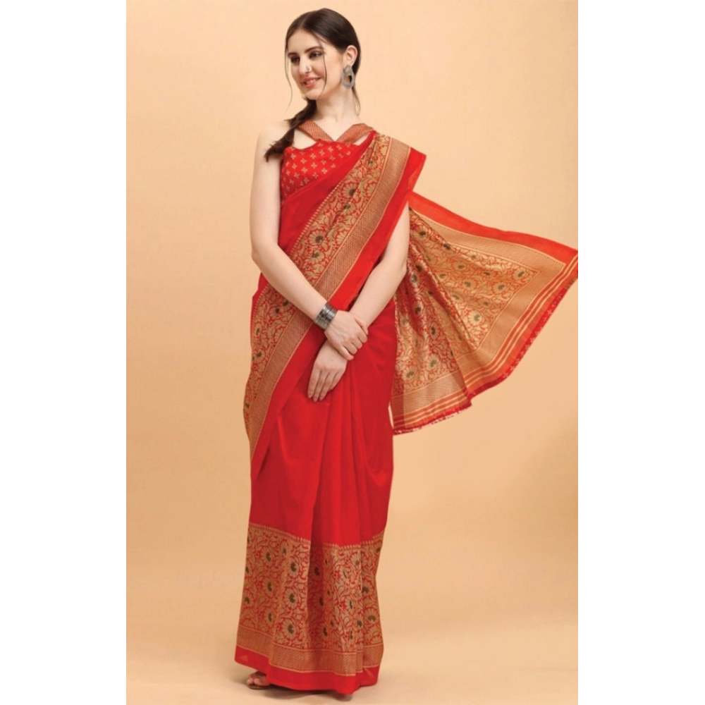 Silk Printed Gorgeous Saree With Blouse Piece For Women - Red - MN-764