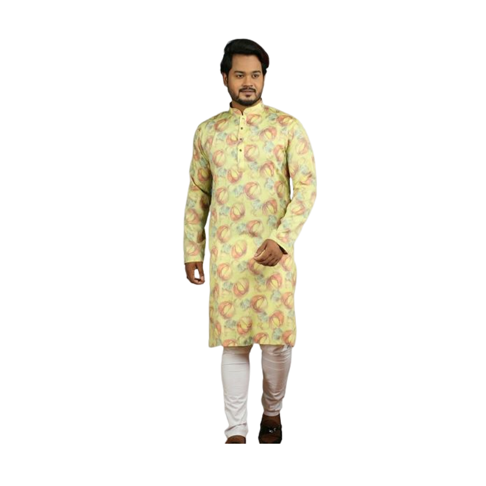 Lelin Cotton Semi Long Panjabi For Men - Light Olive - PI-05