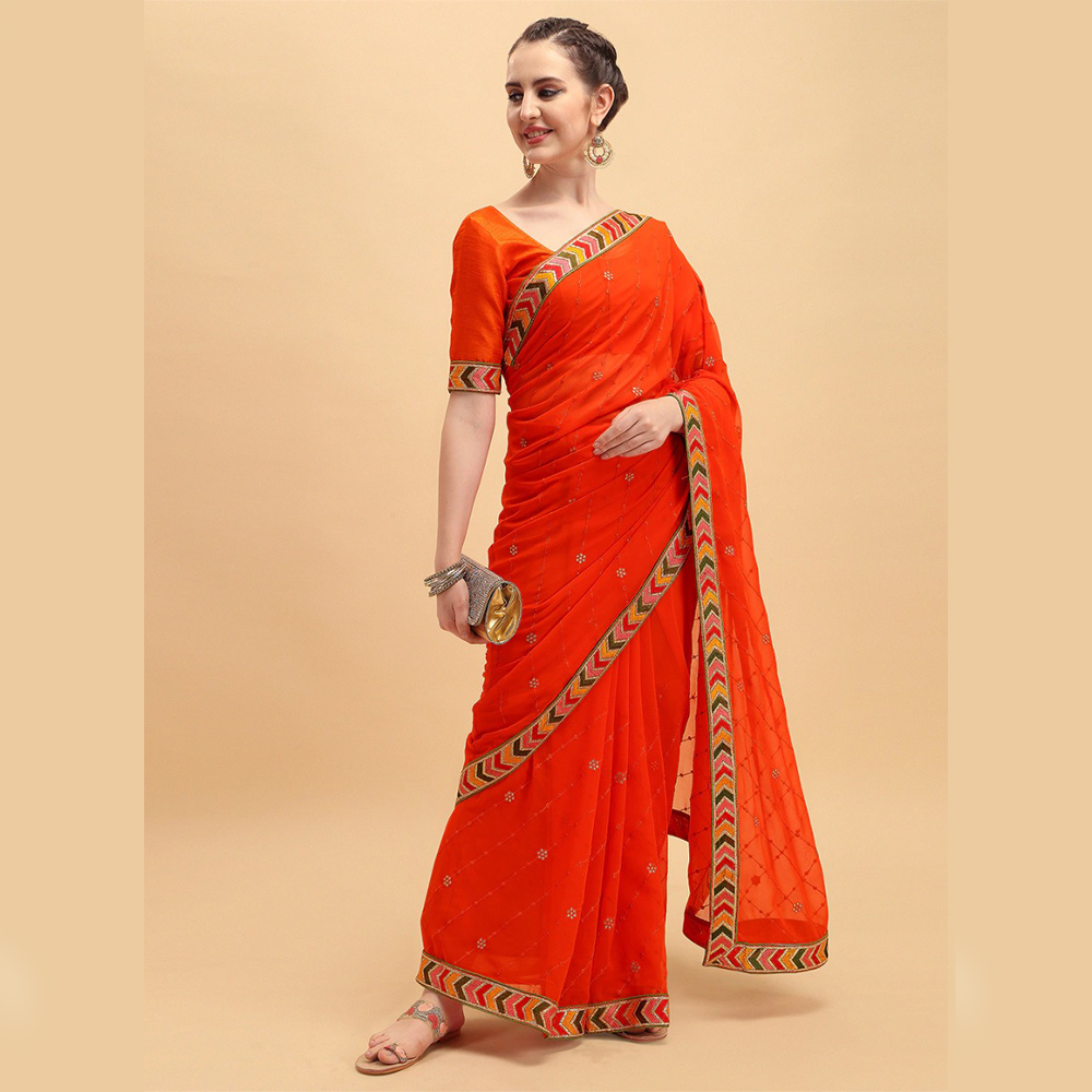 Georgette Embroidered Saree with Blouse Piece For Women -Red