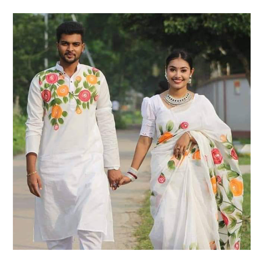 Dupiyan Cotton Hand Printed Couple Set - White - H22