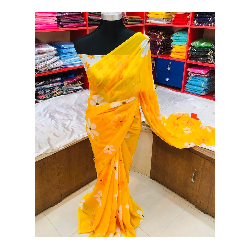 Soft Georgette Digital Print Saree With Blouse Piece For Women - Orange - Bashonti033