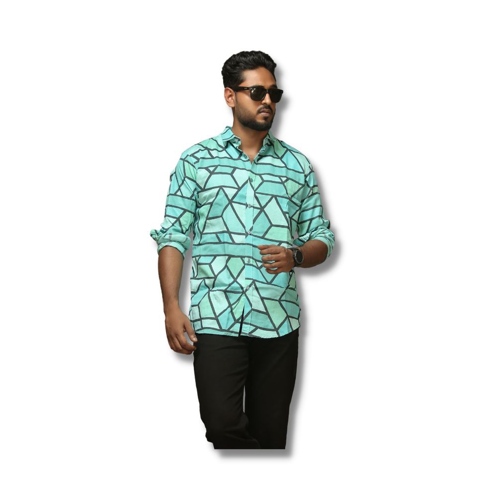 Printed Slim Fit Full Sleeve Casual Shirt For Men - Turquoise green