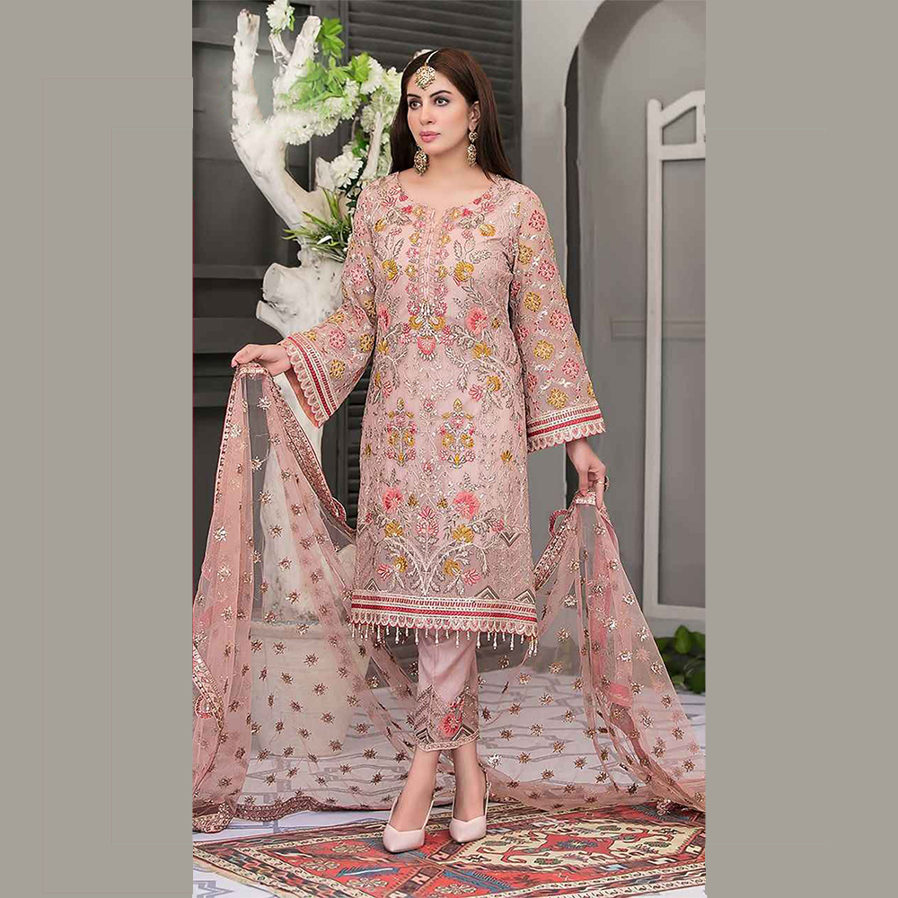 Unstitched Embroidered Net Party Wear Suit 4Pcs For Women - Salmon - K-1591