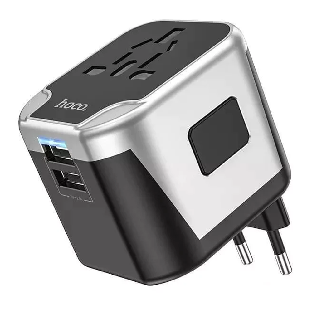 Hoco Ac5 2Usb+1Socket Universal Conversion Wall Charger - Grey