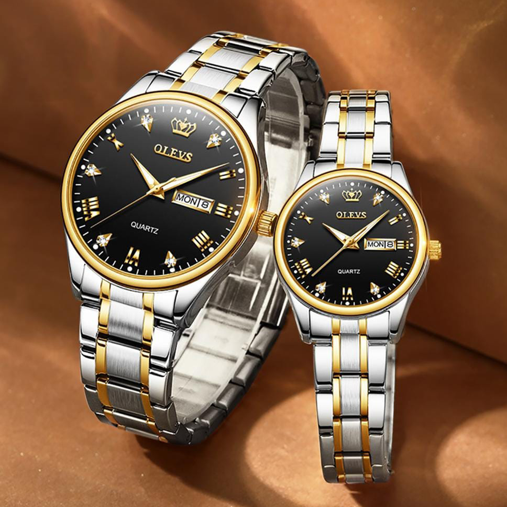Olevs 5563 Stainless Steel Quartz Couple Wrist Watch - Silver And Black- Trendy_Taj_3