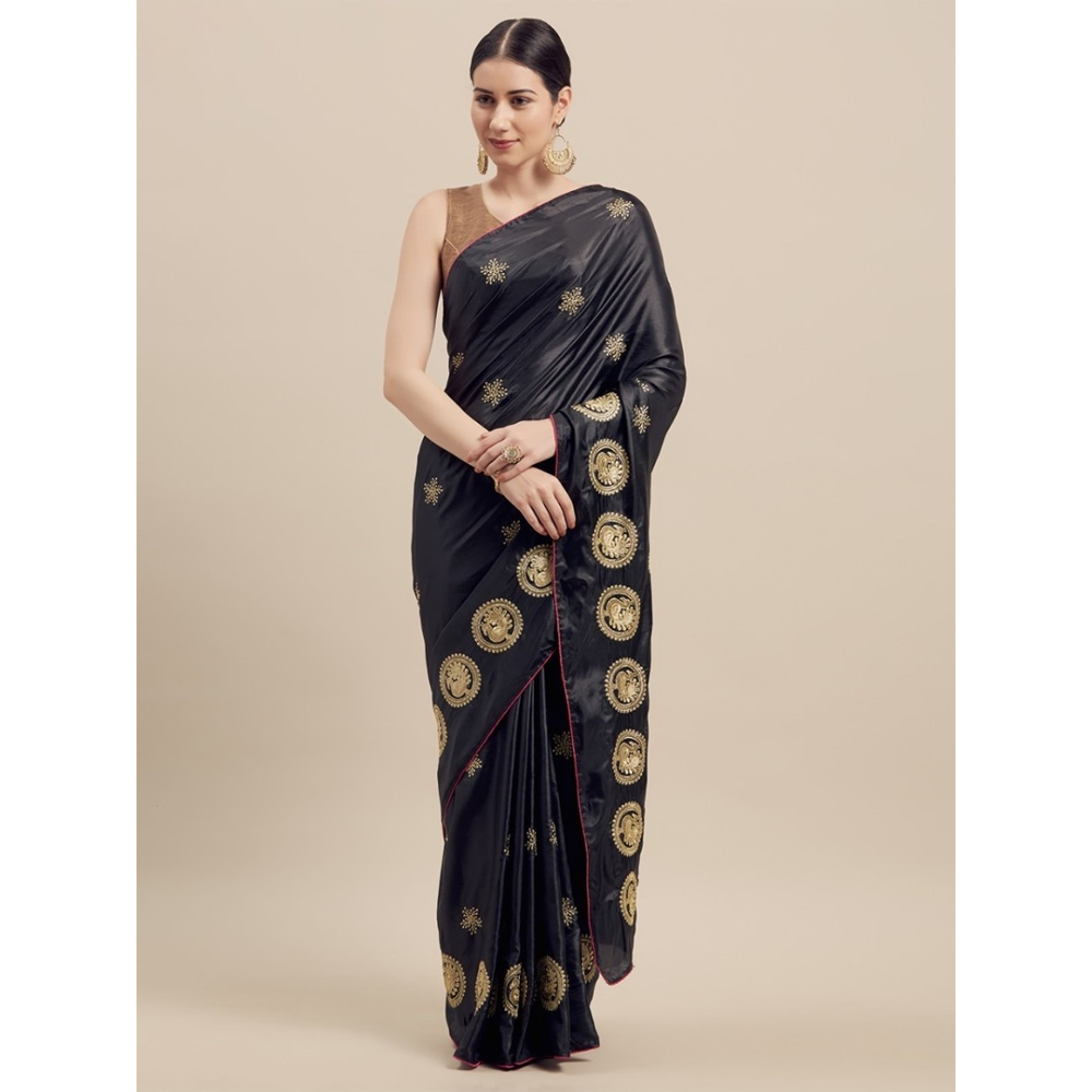 Silk Printed Gorgeous Saree With Blouse Piece For Women - Black - MN-744