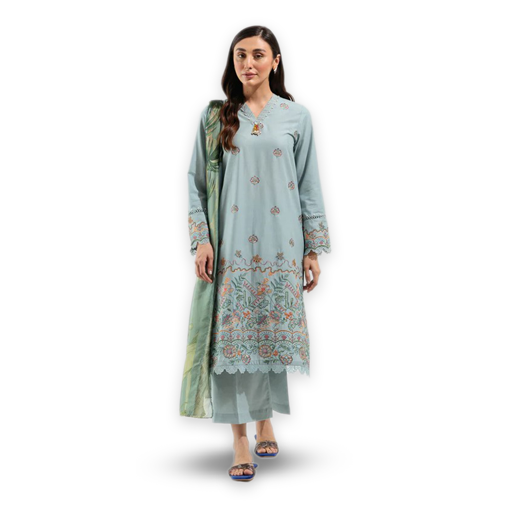 Unstitched Lawn Embroidered Salwar Kameez for Women - Light Paste