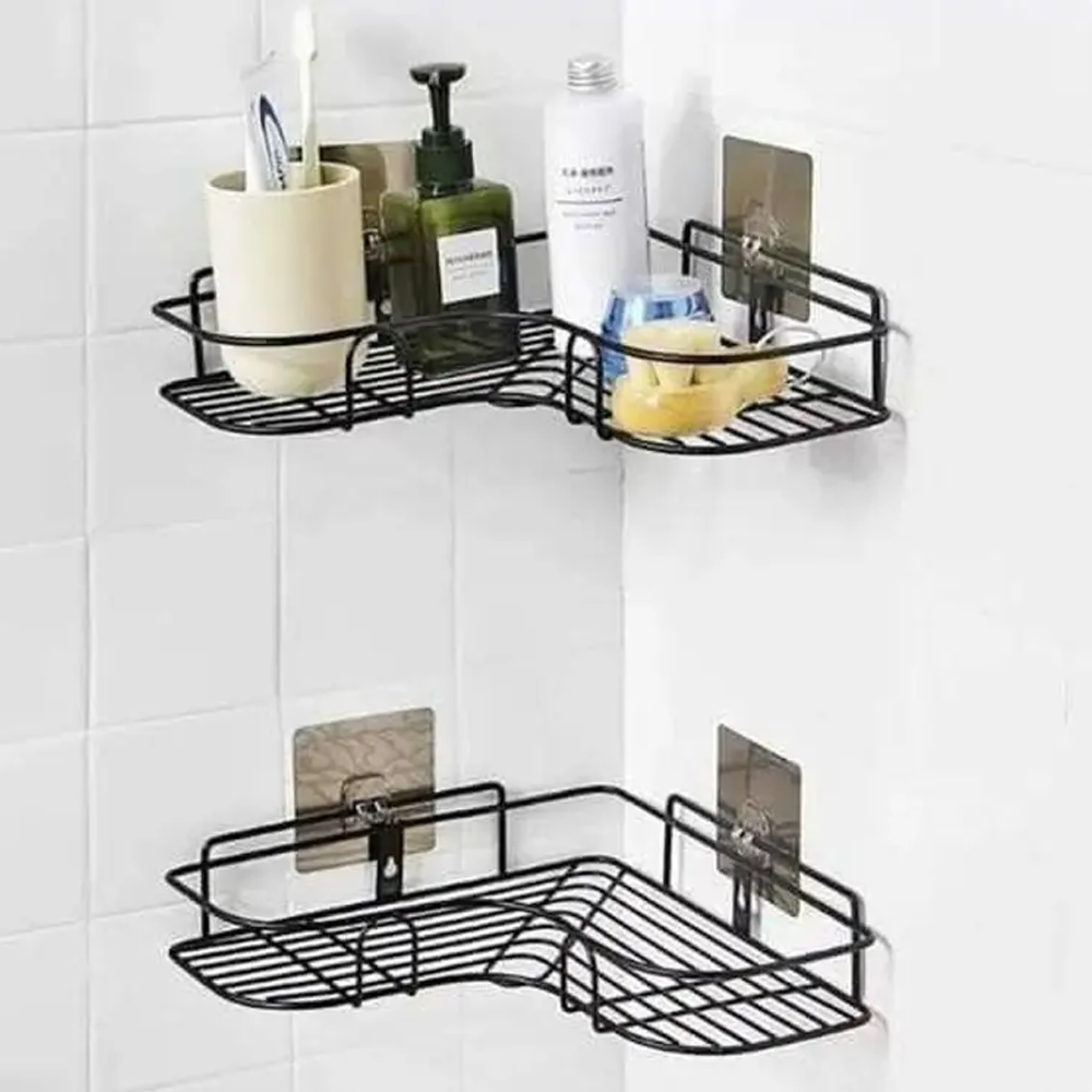 Stainless Steel Self-Adhesive Bathroom Corner Rack - Black