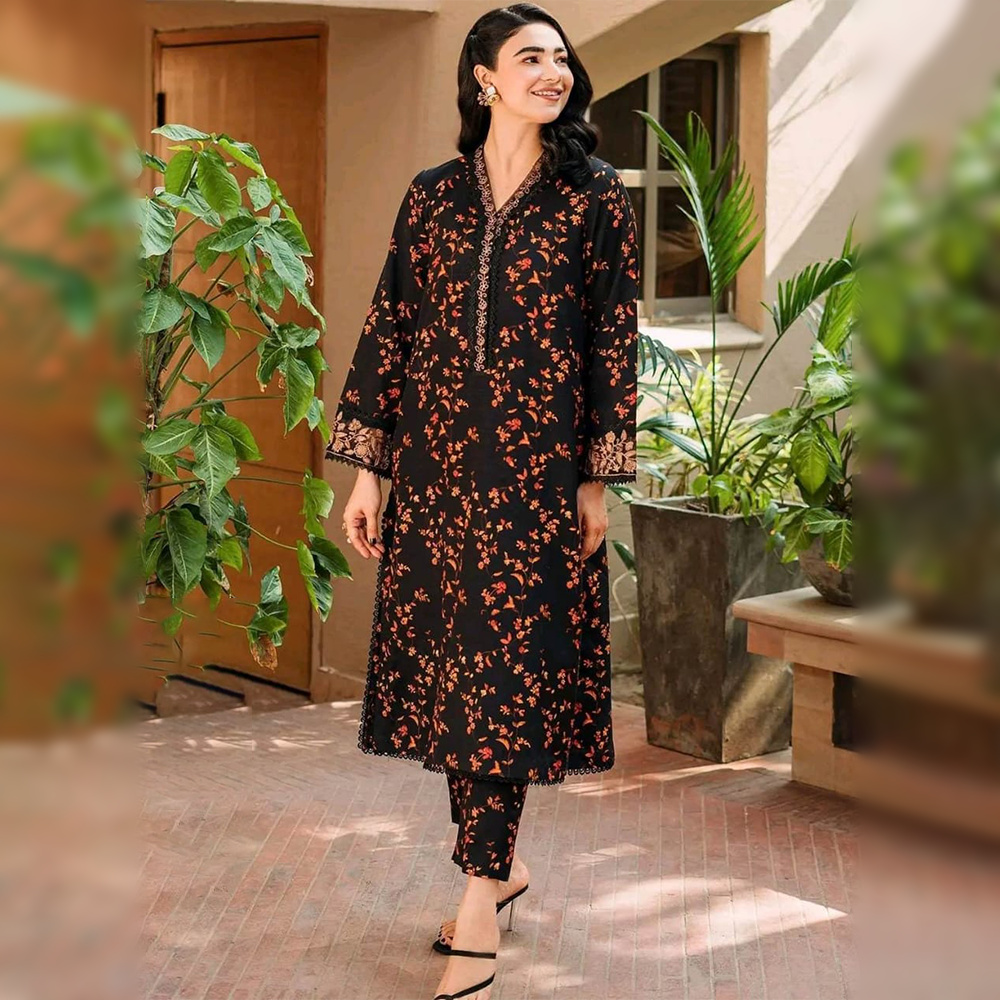 Cotton Embroidery Two Pieces Salwar Kameez for Women - Black