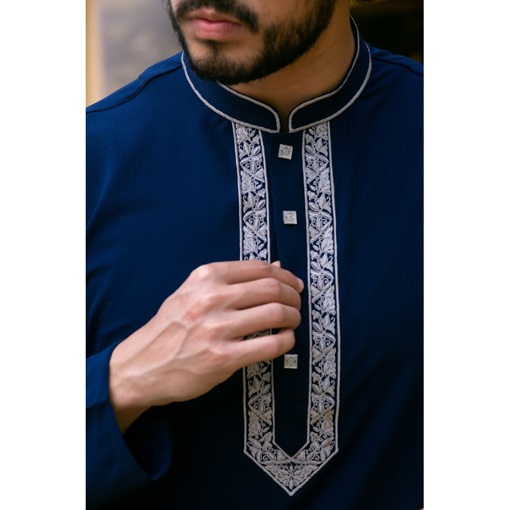 Cotton Embroidery Panjabi For Men - Dark Blue