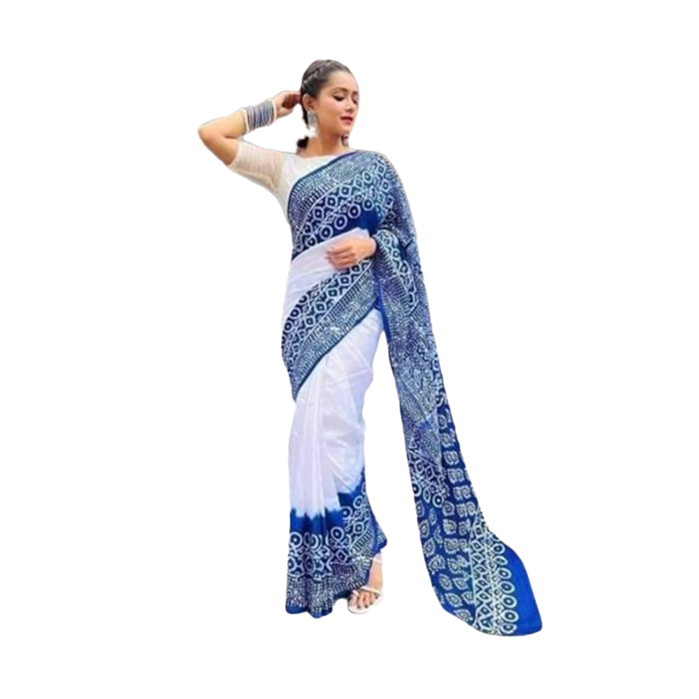 Premium Quality Silk Batik Saree With Blouse Piece - White and Blue - SB-N05