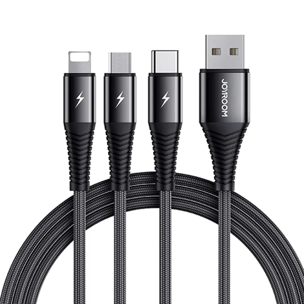 Joyroom S-1230G4 3A 3 In 1 USB to 8 Pin Plus Micro Type-C Fast Charging Data Cable - Black