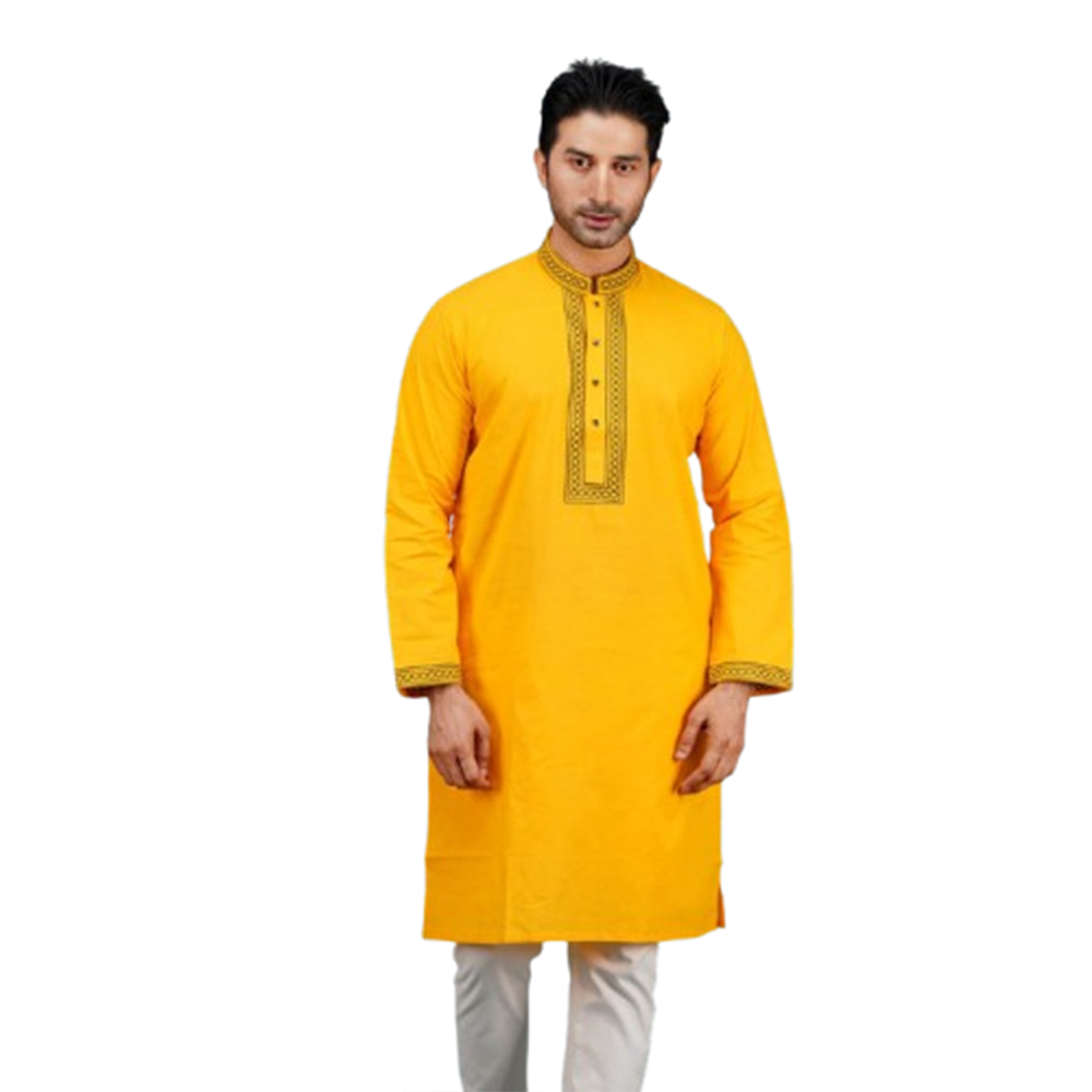 Cotton Embroidery Semi Long Panjabi For Men - Yellow - PM-21