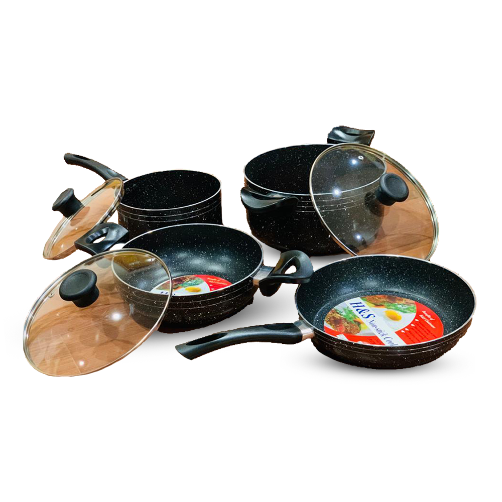 H&S Marble Coating Non-Stick Cookware Set - 7pcs - Black