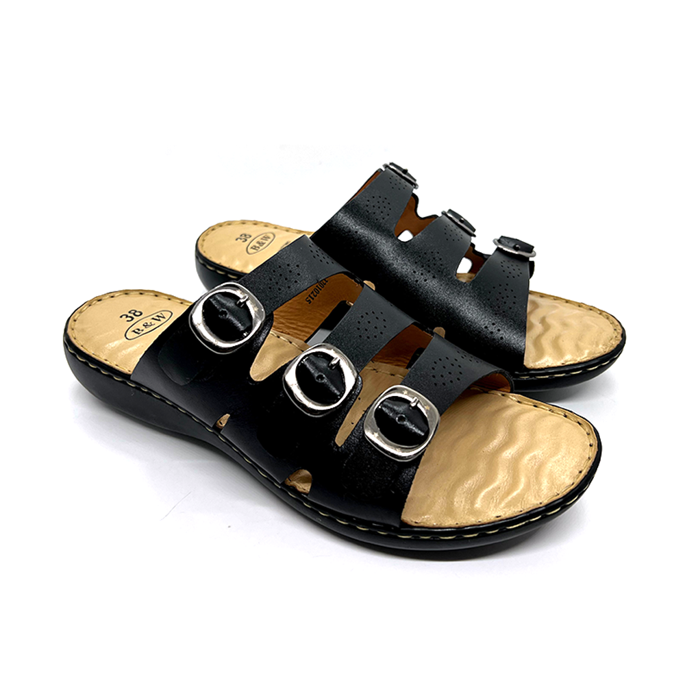 Black and White Anatomic Sole Leather Sandal For Ladies - 32010215 - Black