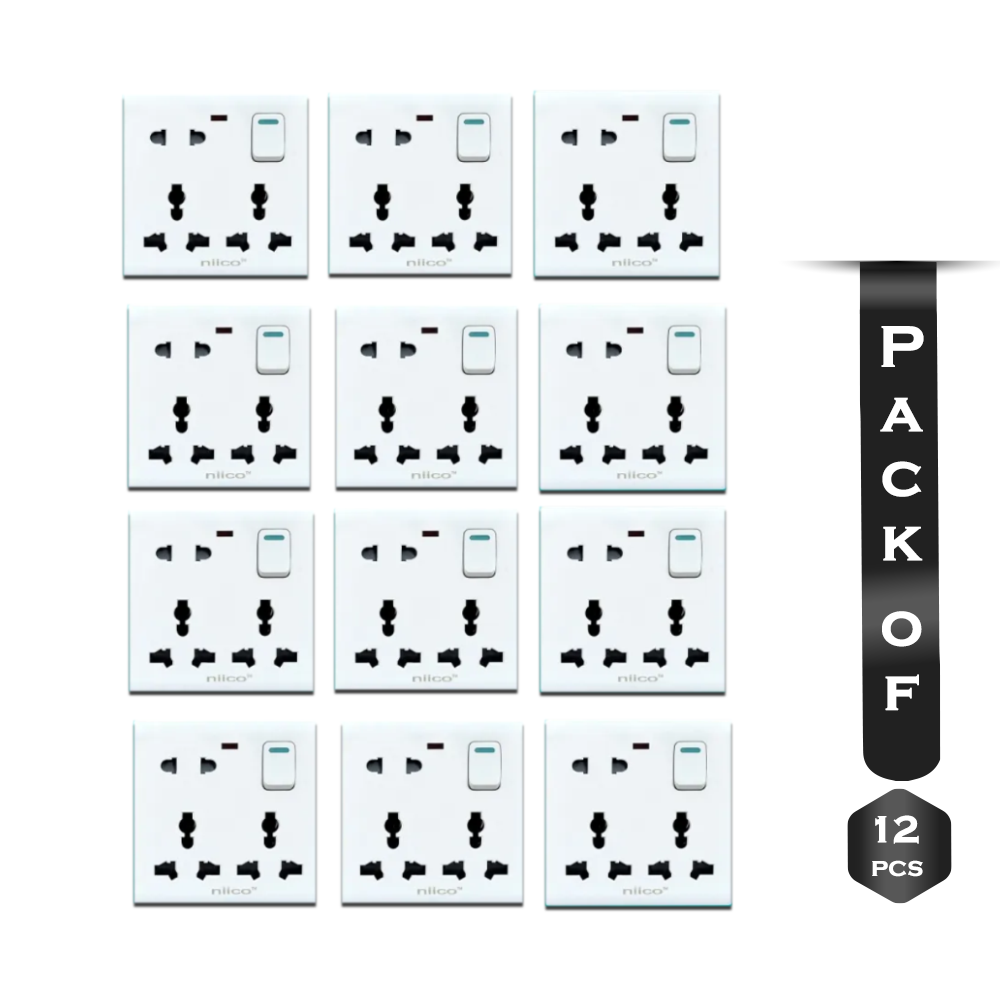 Pack of 12 Pcs Niico Classic 8 Pin Wall Switch Socket - White