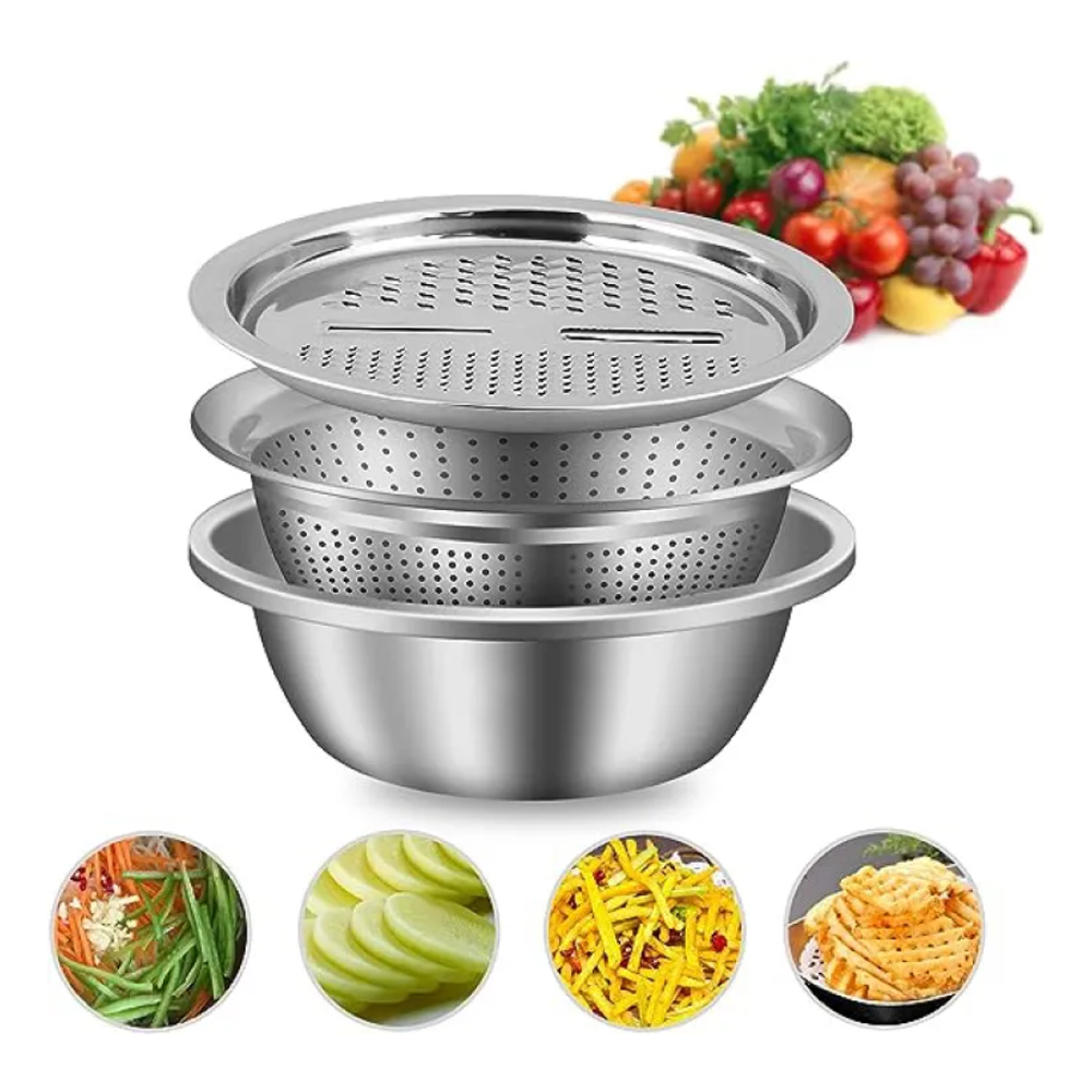 Stainless Steel 3 In 1 Drain Basket Vegetable Cutter - Silver