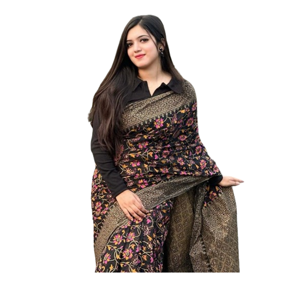 Half Silk Saree For Women - Black - 4316