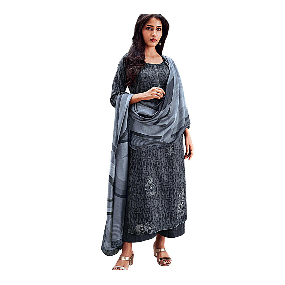 Unstitched Indian Pashmina Embroidery Salwar Kameez for Women - Charcoal Grey