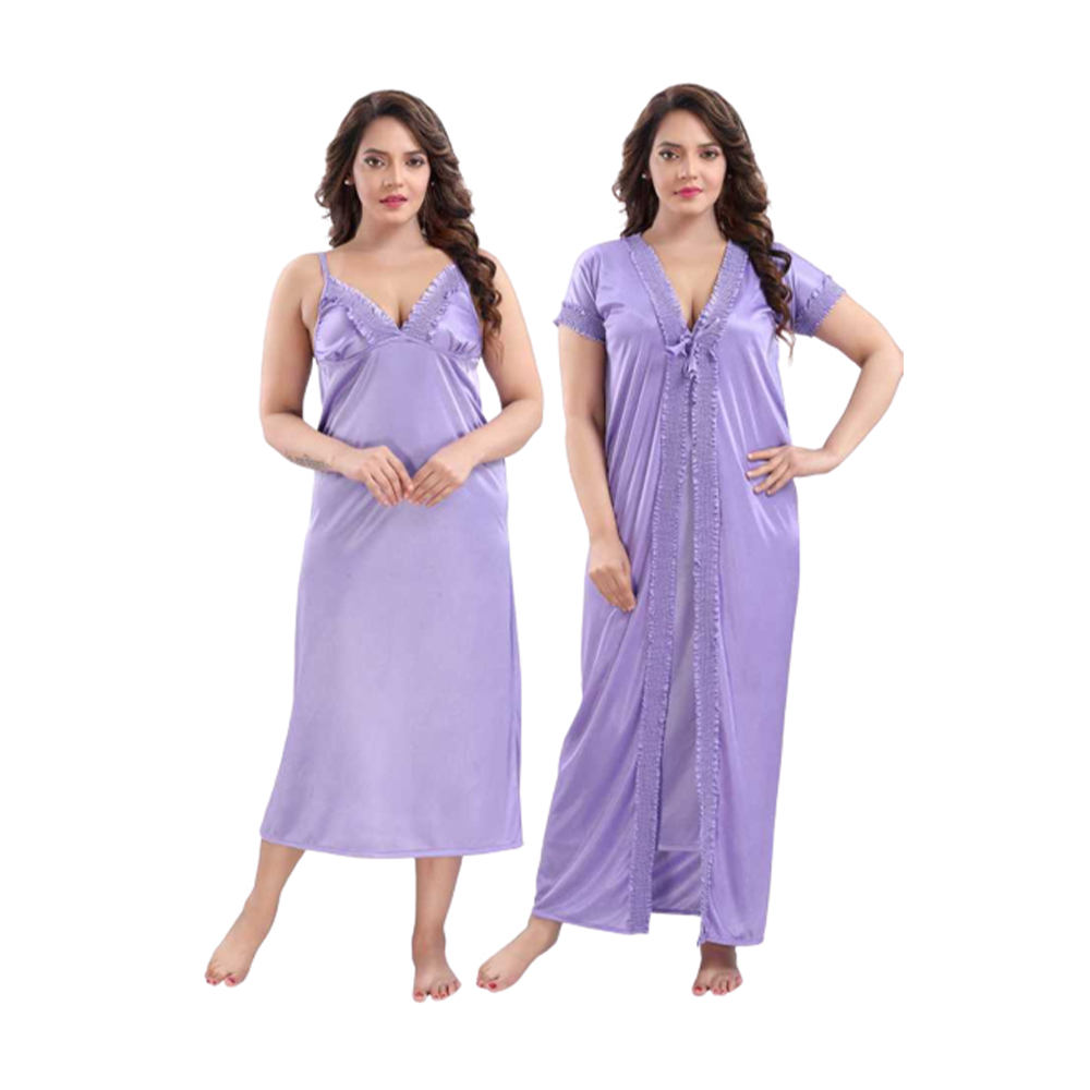 Satin 2 Part Night Wear For Women - Light Purple - ND-06