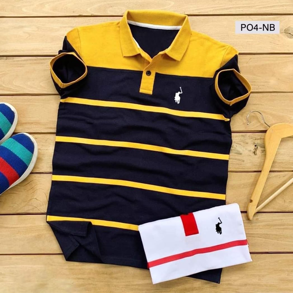 PK Cotton Half Sleeve Polo Shirt for Men - Yellow and Navy Blue