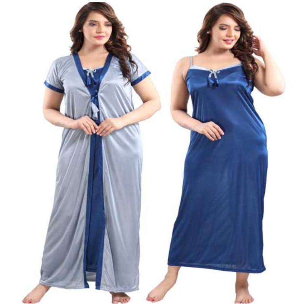 Satin Plain Long 2 part Nighty Dress With Robe - Ash And Blue - N_3005