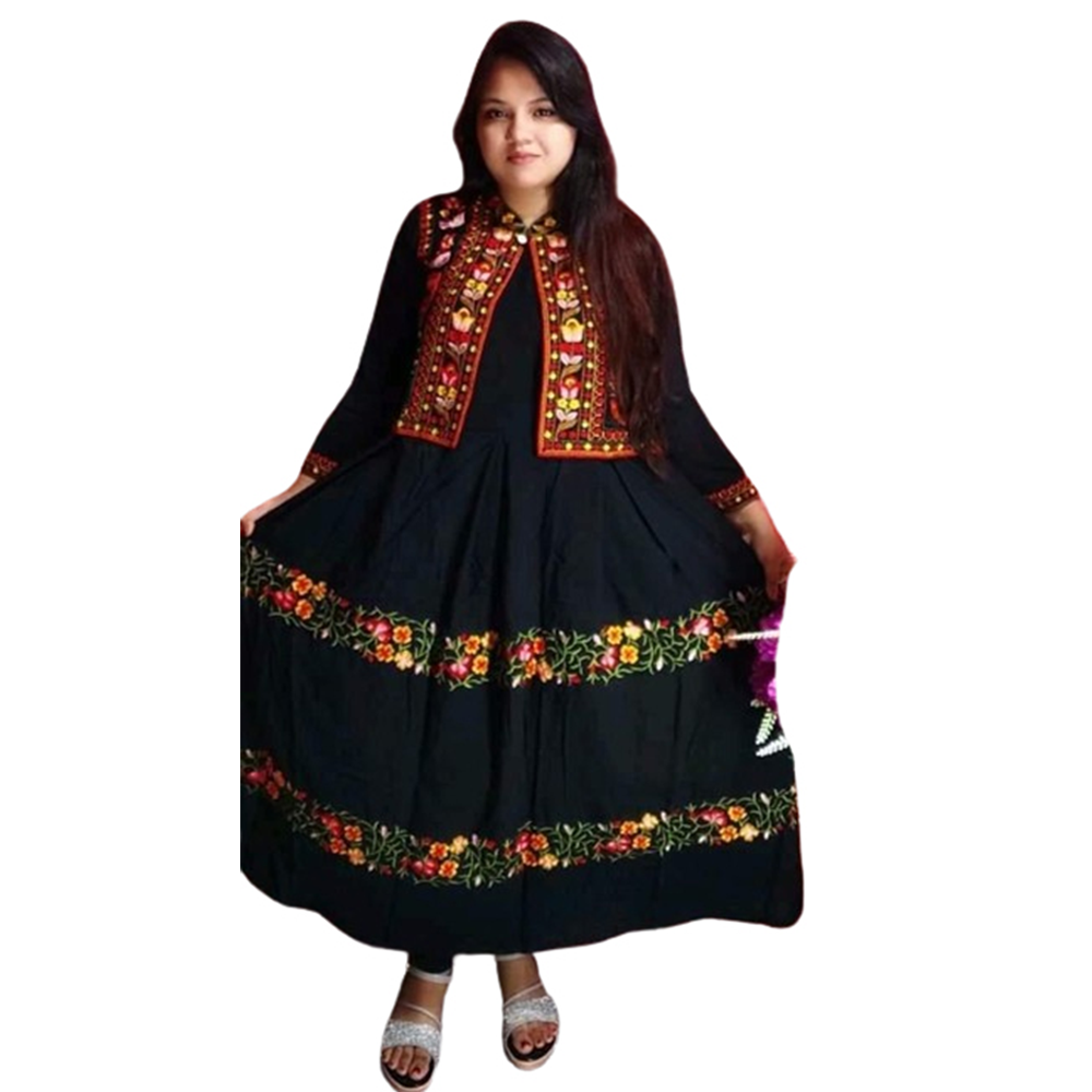 Linen Cotton Embroidery Gown With Koti For Women - Black - GN-03